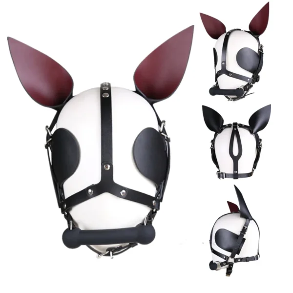 Leather Hood Mask with Bone Gag and Blindfold for BDSM Cosplay