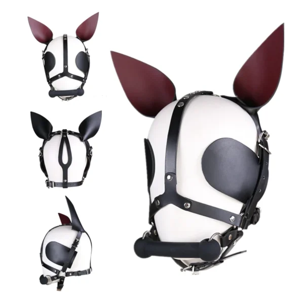 Leather Harness Headpiece with Silicone Gag, Blindfold, and Ears for BDSM Cosplay - Image 3