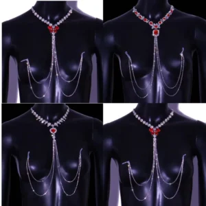 Rhinestone Red Nipple Chain Body Jewelry – Luxury Crystal Non-Pierced Lingerie Bra Necklace