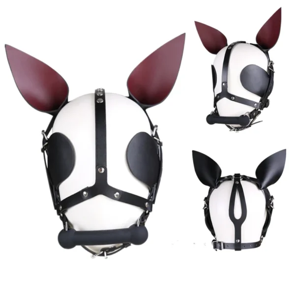 Leather Hood Mask with Bone Gag and Blindfold for BDSM Cosplay - Image 2