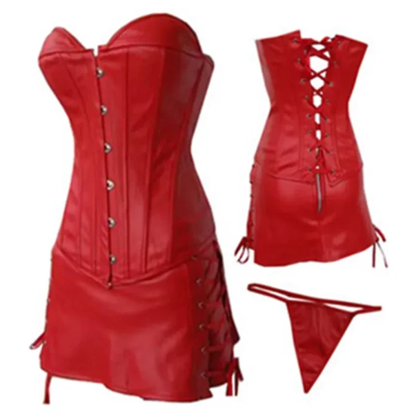 Red Leather Corset with Black Latex Bustier and Skirt - Image 2