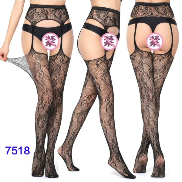 Black Lace Fishnet Stockings – Transparent Hollow Out Pantyhose - Image 9