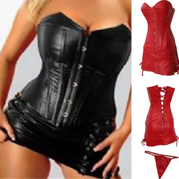 Red Leather Corset with Black Latex Bustier and Skirt