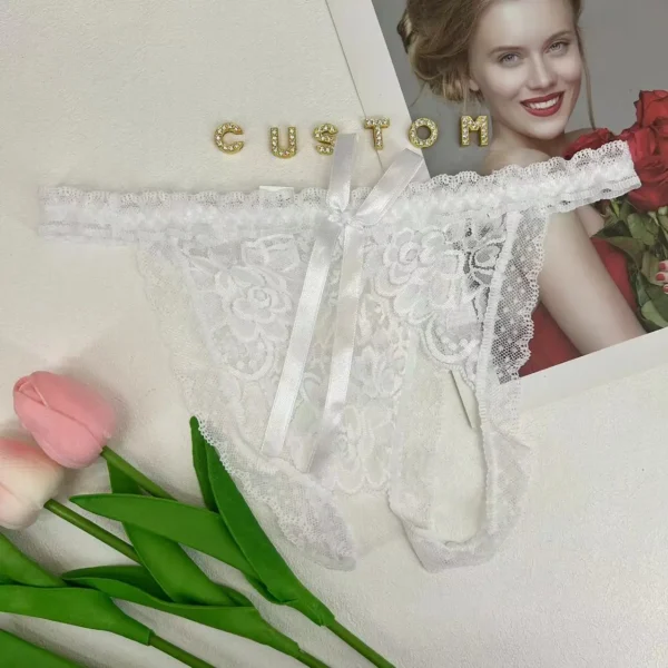 Custom Lace Bowknot Thong – Personalized Crystal Letter Underwear - Image 4