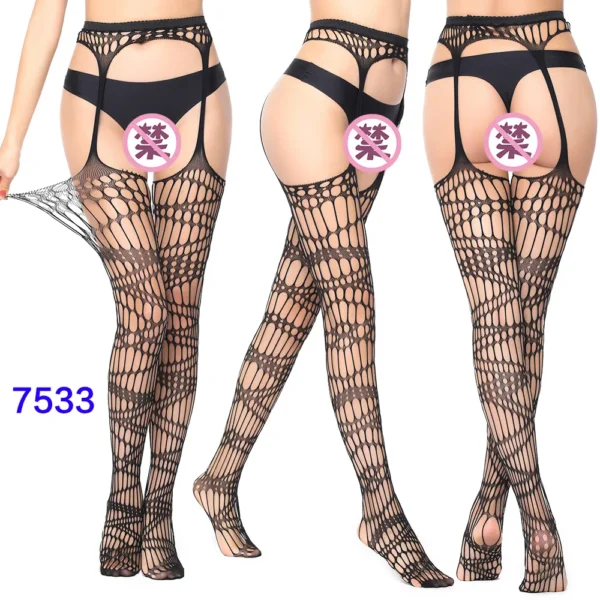 Black Lace Fishnet Stockings – Transparent Hollow Out Pantyhose - Image 24