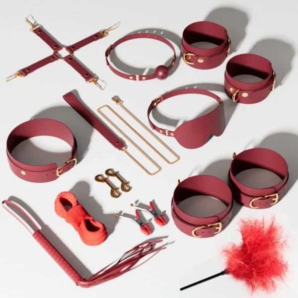 Leather Bondage Set - Plush Restraints, Whips, Butt Plug, Nipple Clips & Adult Toys - Image 2