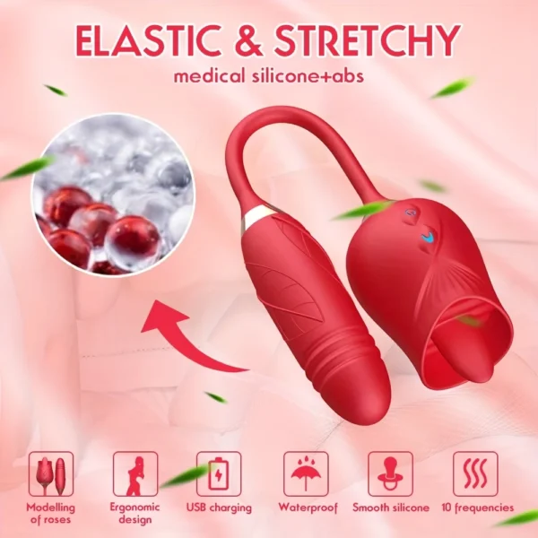 Rose Toy Vibrator For Women 3 In 1 Clitoral Stimulator Tongue Licking Thrusting G Spot Dildo Vibrator With 10 Modes Vaginal Anal - Image 4