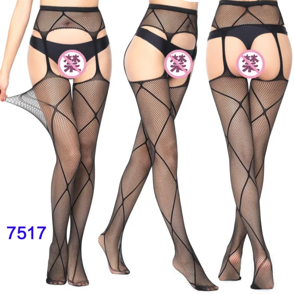 Black Lace Fishnet Stockings – Transparent Hollow Out Pantyhose - Image 8