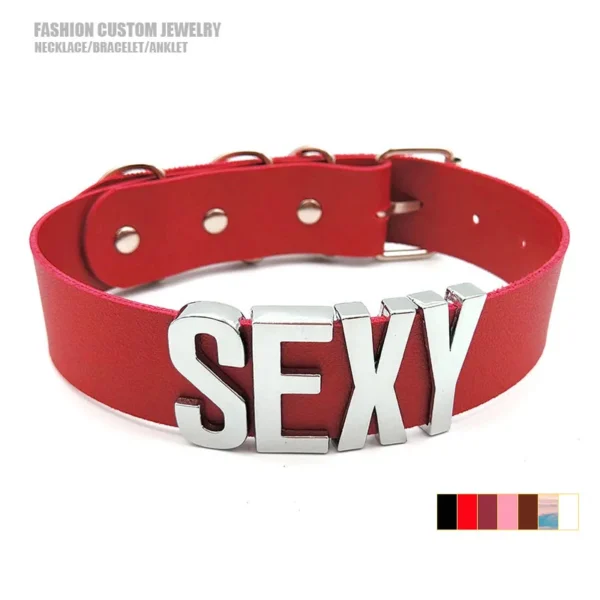 Custom Red PU Leather Choker – Name Necklace